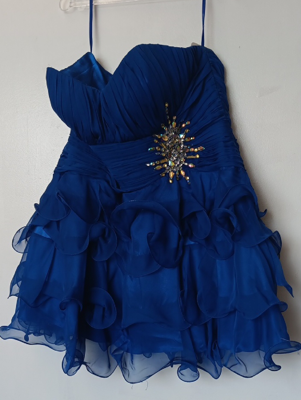 Royal Blue Strapless Ruffle Mini Dress with Crystal Accent